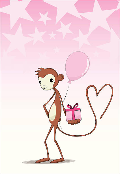 Adorable Monkey with Gift and Balloon vector art illustration