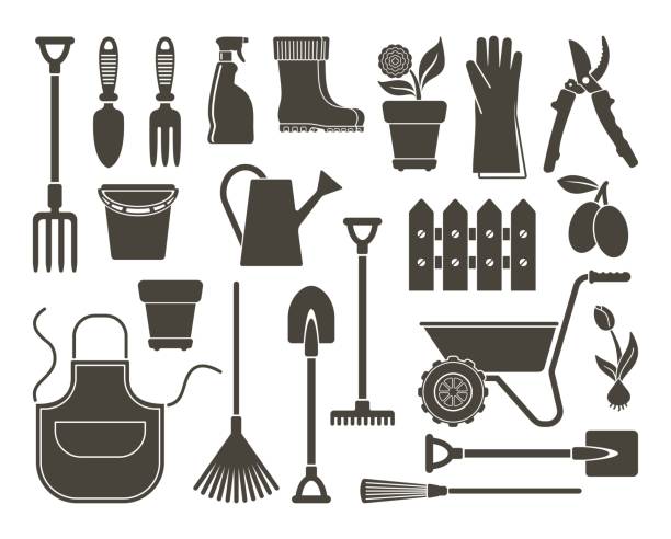 Garden icons. Vector illustration Garden tools, the equipment and symbols. Vector illustration watering pail stock illustrations