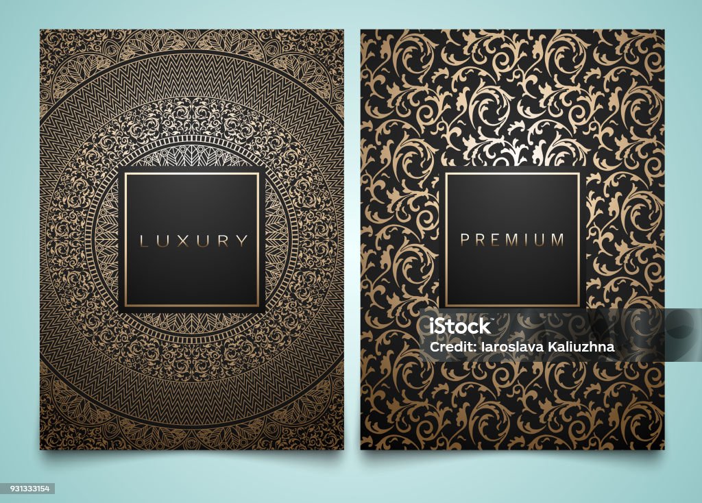 Vector définie des modèles d’emballage avec texture damassé floral or différente pour produit de luxe. Décoration branchée pour icône - clipart vectoriel de Motif libre de droits