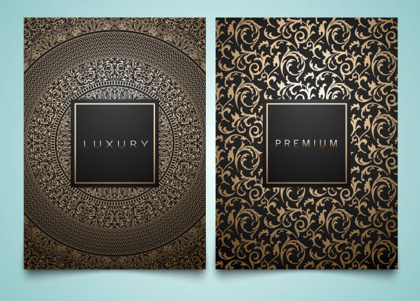 ilustrações de stock, clip art, desenhos animados e ícones de vector set packaging templates with different golden floral damask texture for luxury product. trendy design for icon - art deco pattern backgrounds ornate