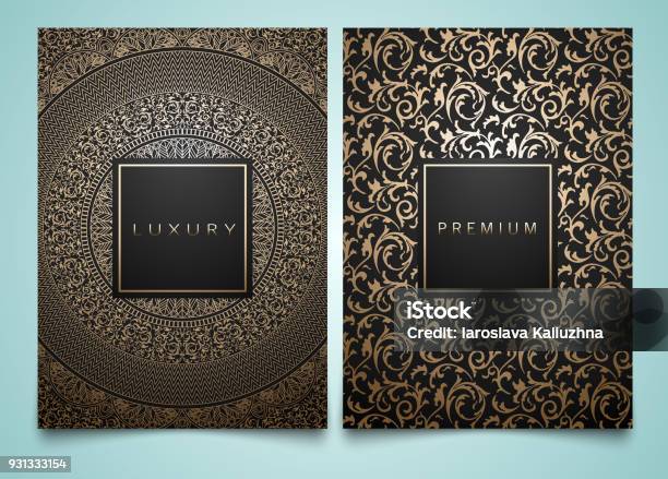 Vector Set Packaging Templates With Different Golden Floral Damask Texture For Luxury Product Trendy Design For Icon Stock Illustration - Download Image Now