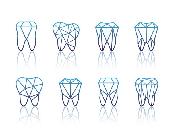 Tooth symbol set. Vector illustration Tooth logo set. Vector illustration for dental clinic branding with teeth in modern style - polygonal low poly in blue and white dentist logos stock illustrations