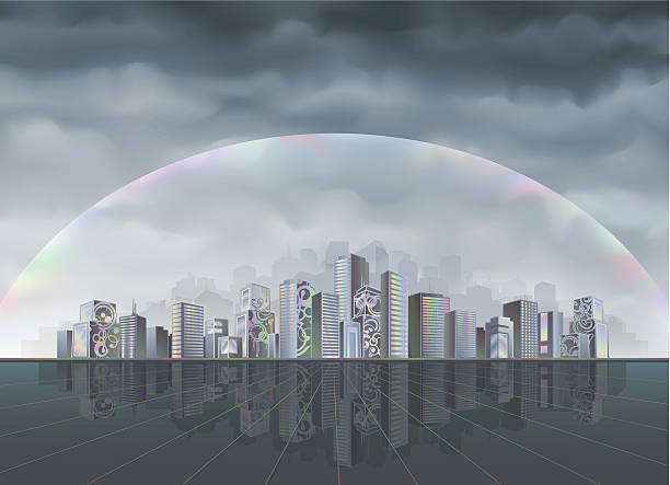 Big fantastic city protected by forcefield vector art illustration