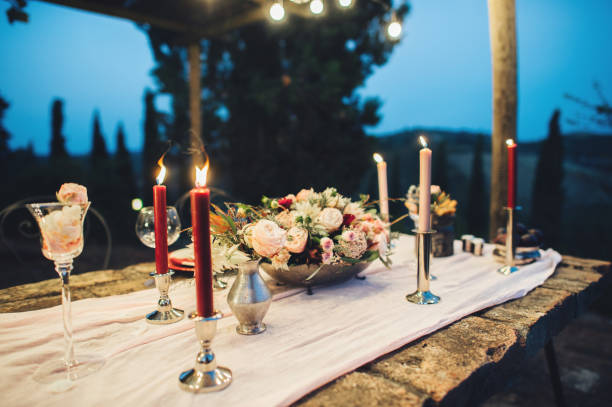 istock Decorated outdoor wedding table with flowers in rustic style 931347210