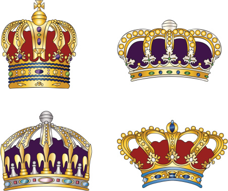 Vector art in Illustrator 8. Four crowns fit for any kind of royalty. Hand drawn in loose style with radial and linear gradients. Color and outline on separate layers.