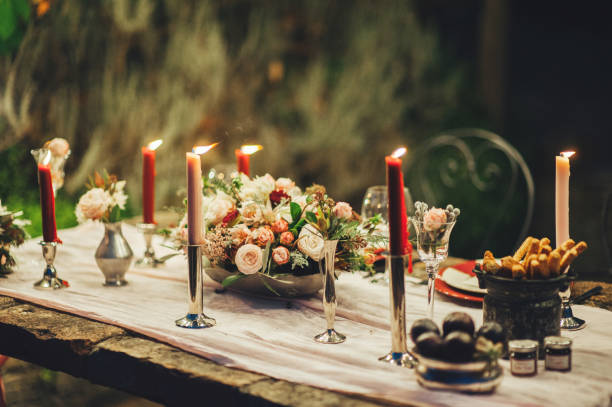 istock Decorated outdoor wedding table with flowers in rustic style 931347528