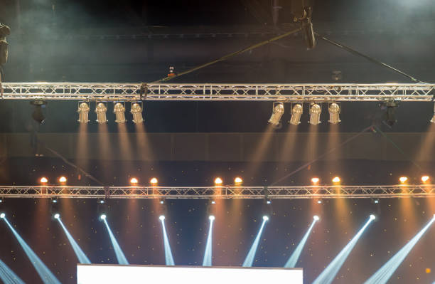 istock Luminous rays from concert lighting against a dark background over the projector screen, musical instrument concept 931347848