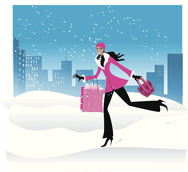 ilustraciones, imágenes clip art, dibujos animados e iconos de stock de nevar en la ciudad de compras chica - shopping christmas women retail