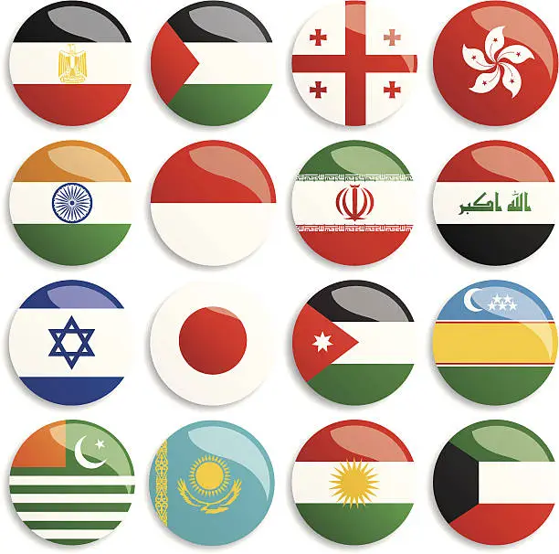 Vector illustration of Selection of 16 colorful Asia and middle east flag buttons