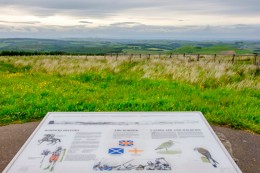 Scottish Borders is the geographical border between Scotland and England. The information panel illustrates its troubled history, also focusing on its landscapes and wildlife.