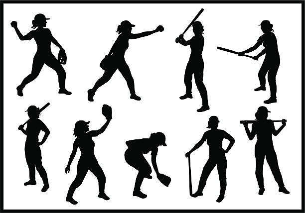 ilustraciones, imágenes clip art, dibujos animados e iconos de stock de chica de béisbol - baseball silhouette baseball player sport