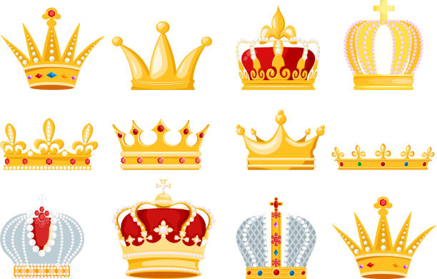 Crown vector golden royal jewelry symbol of king queen and princess illustration sign of crowning prince authority set of crown jeweles isolated on white background Crown vector golden royal jewelry symbol of king queen and princess illustration sign of crowning prince authority set of crown jeweles isolated on white background. queen crown stock illustrations