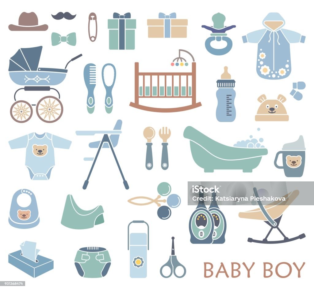 Baby boy icons Vector icons on the theme of the newborn boy Baby - Human Age stock vector