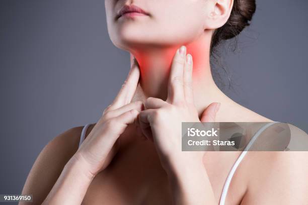 Sore Throat Woman With Pain In Neck Gray Background Stock Photo - Download Image Now