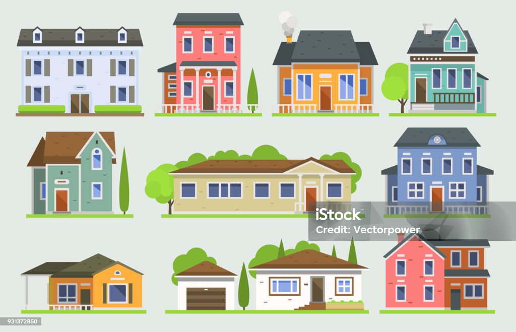 Casa rural Casa facede vector ciudad vista a la calle edificios casa de pueblo cara plana arquitectura construcción mundo moderno ilustración cottage casa residencial construcción paisaje urbano casas - arte vectorial de Casa libre de derechos