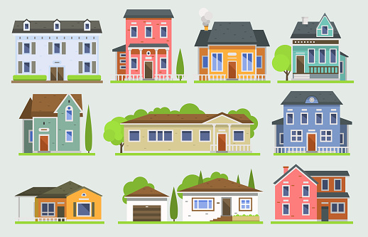 Cottage house facede vector city street view buildings of town house face side modern world house building flat architecture illustration cottage residential house construction cityscape houses.