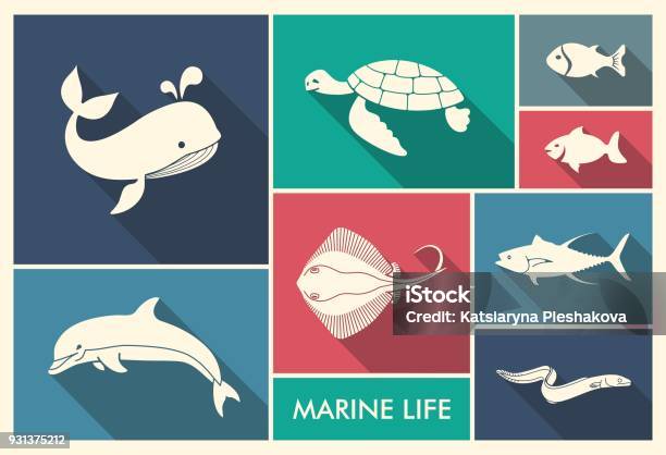 The Silhouettes Of Sea Creatures Stock Illustration - Download Image Now - Animal, Blue, Cartoon