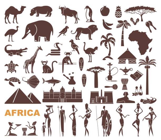 Africa jungle ethnic culture travel icons set