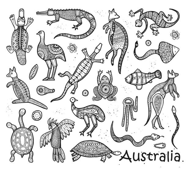 Animals drawings aboriginal australian style Animals Of Australia. Sketches in the style of Australian aborigines duck billed platypus stock illustrations