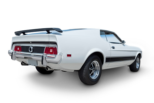 Rear view of a 1973 American Muscle Car. Clipping path on vehicle.