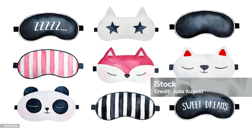 Big illustration set of sleep masks collection. Classic black, striped, with sleepy text (zzzzz; sweet dreams), star, animal shaped loungewear; above view. Hand painted watercolour graphic drawing on white background, cutout clip art. Eye Mask stock illustration