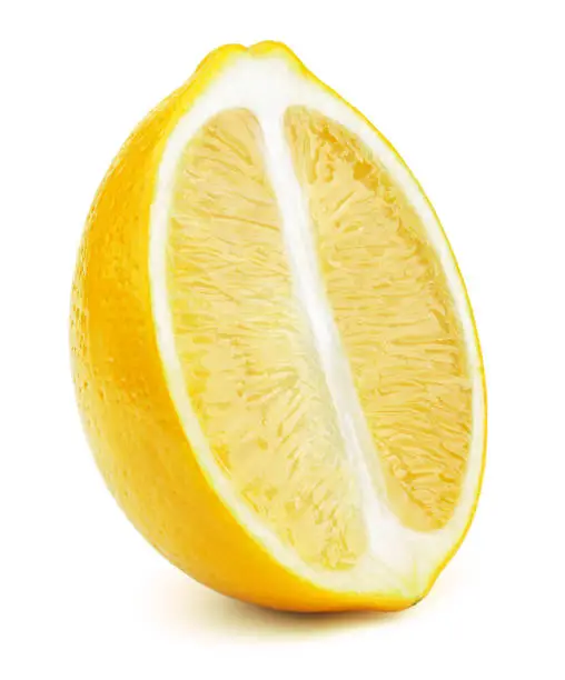 Perfectly retouched sliced half of lemon fruit isolated on the white background with clipping path. One of the best isolated lemons halves slices that you have seen.
