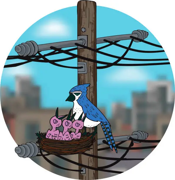 Vector illustration of Blue Jay Mother with her Chicks Mother's Day Vector Illustration