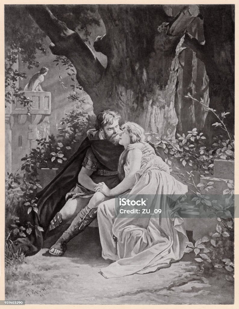 Isolde meets Tristan, from Richard Wagner's opera "Tristan and Isolde" Isolde meets Tristan. Scene from the opera "Tristan and Isolde" (Act 2) by Richard Wagner (German composer, 1813 - 1883). Photogravure after a drawing by Theodor Pixis (German painter, 1831 - 1907), published in 1894. Isolde stock illustration