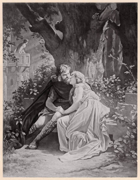 Isolde meets Tristan, from Richard Wagner's opera "Tristan and Isolde" Isolde meets Tristan. Scene from the opera "Tristan and Isolde" (Act 2) by Richard Wagner (German composer, 1813 - 1883). Photogravure after a drawing by Theodor Pixis (German painter, 1831 - 1907), published in 1894. bayreuth stock illustrations