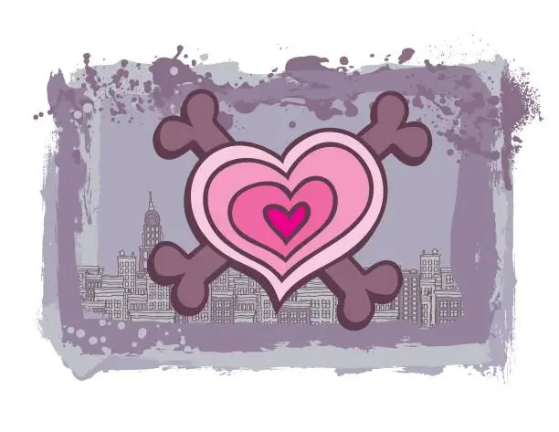 Vector illustration of Heart and Cross Bones Over City