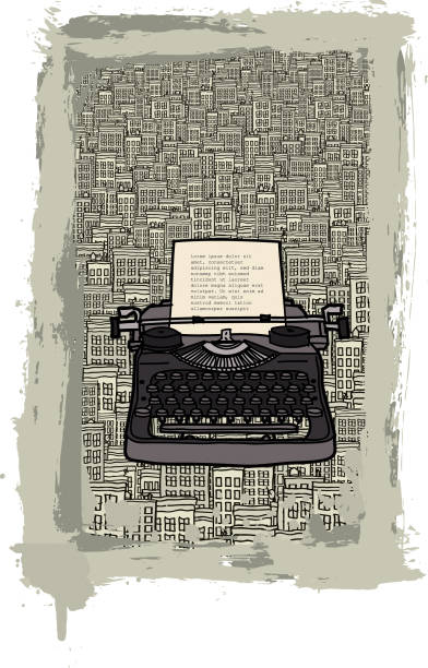 schreibmaschine in der stadt-vektor-illustration - typewriter storytelling fairy tale book stock-grafiken, -clipart, -cartoons und -symbole