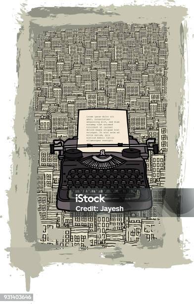 Typewriter In The City Vector Illustration Stock Illustration - Download Image Now - Writing - Activity, Book, Poster