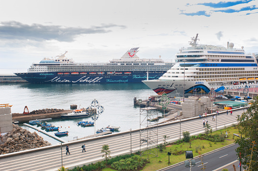 Holiday cruise ships in the main harbour at Funchal, Madeira, Portugal