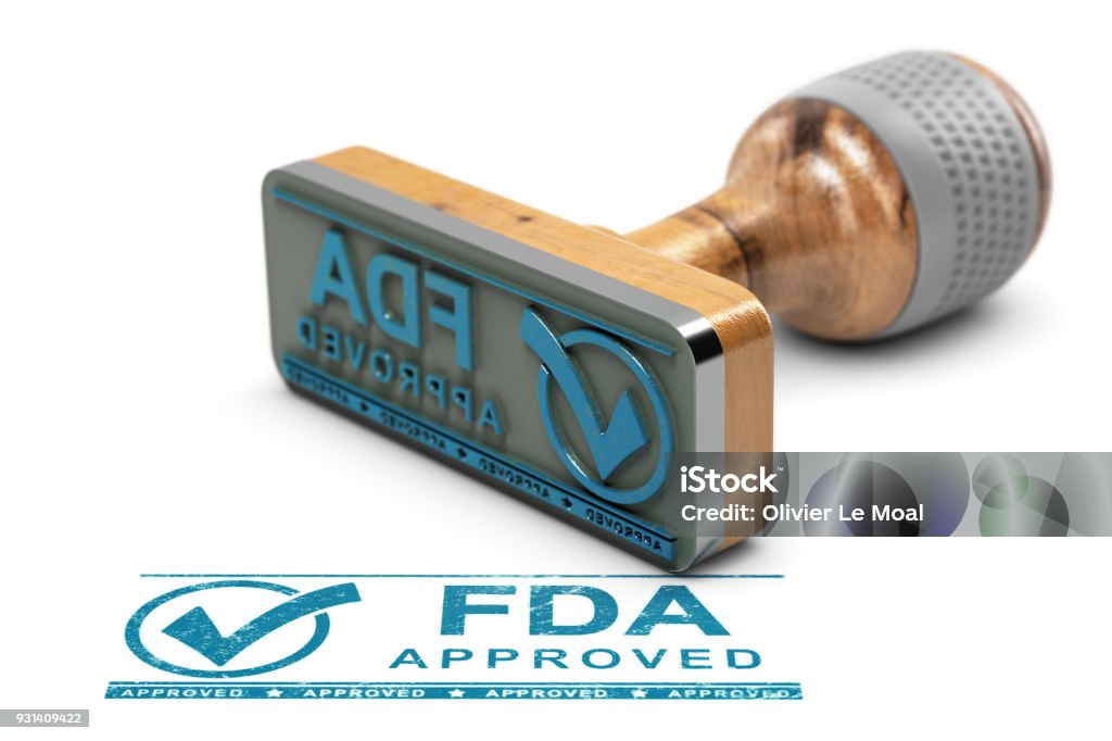 FDA Approved Products or Drugs Drugs or products approval concept. Rubber stamp with the text FDA approved over white background. 3D illustration Food and Drug Administration Stock Photo