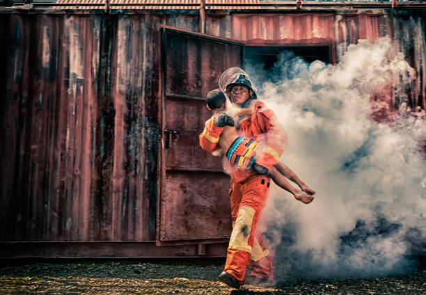 Emergency Fire Rescue training,Firefighters save the boy from burnt place