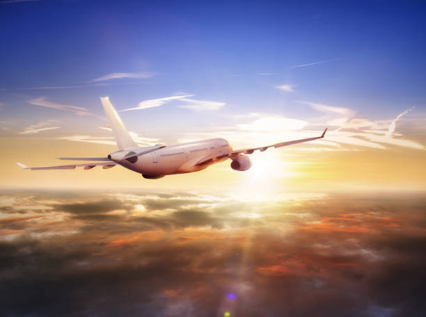 istock Big commercial airplane flying above clouds in sunset 931412410