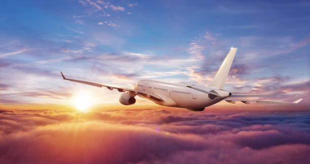 istock Big commercial airplane flying above clouds in sunset 931412702