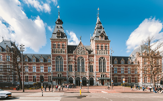 Amsterdam, Netherlands - May 3, 2016: Front view of the Rijksmuseum in Amsterdam. The Rijksmuseum is national museum dedicated to arts and history in Amsterdam.