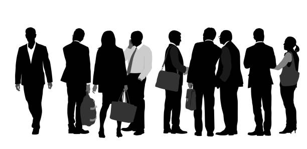 A Grade Above Group of white collar professional standing and talking entrepreneur silhouettes stock illustrations