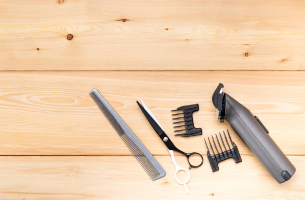 istock items for short hair cutting, on a wooden background 931422026