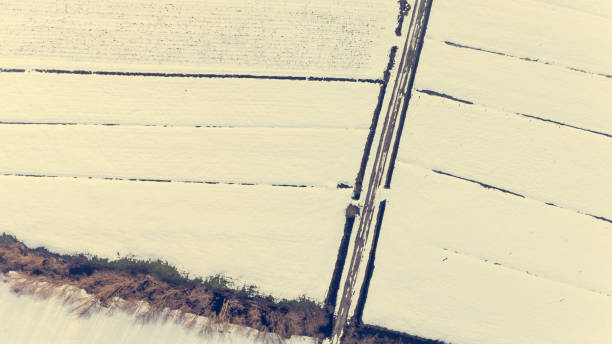 Drop down view of snow covered fields. Winter aerial photography.