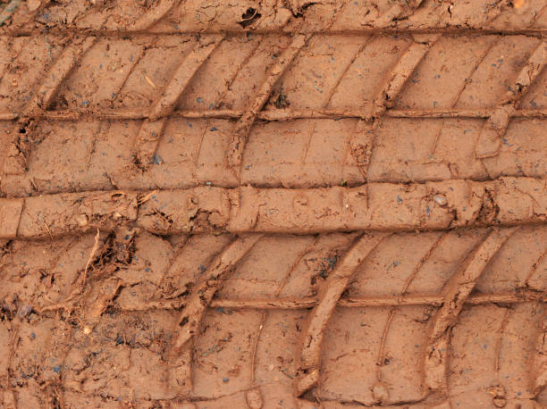 istock Tyre tracks in copper coloured mud 931422526