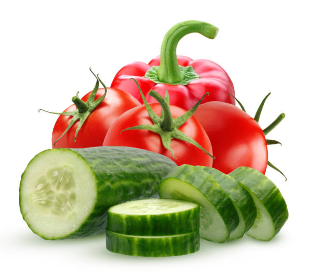 istock Ingredients for salad: cucumber, tomato and pepper isolated on white background. 931422626