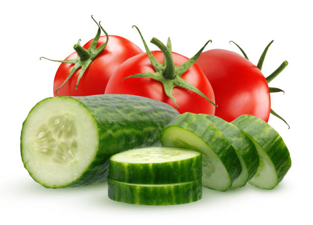 istock Smooth cucumber and tomatoes isolated on white background. 931422698