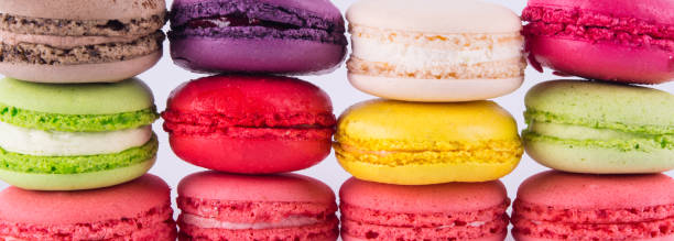 istock multicolored rainbow wall as a background of cookies, macaron 931428008