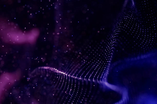 istock abstract blue and violet geometrical plexus flowing particles movement on black background with lines 931428598