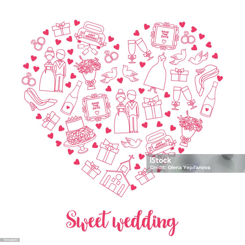 Decorative Cover With Hand Drawn Colored Cartoon Doodle Wedding Icons  Collection Of Romantic Symbols Wedding Marriage Bride Groom Engagement  Heart Pattern Packing Texture Wallpaper Card Stock Illustration - Download  Image Now - iStock