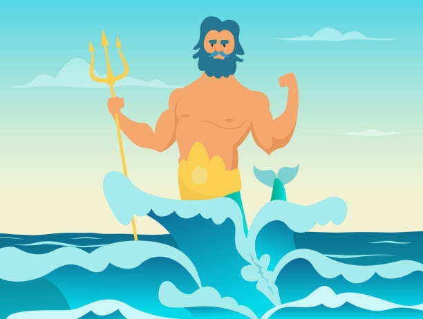 바다의 포세이돈 그리스 신 - neptune trident cartoon beard stock illustrations