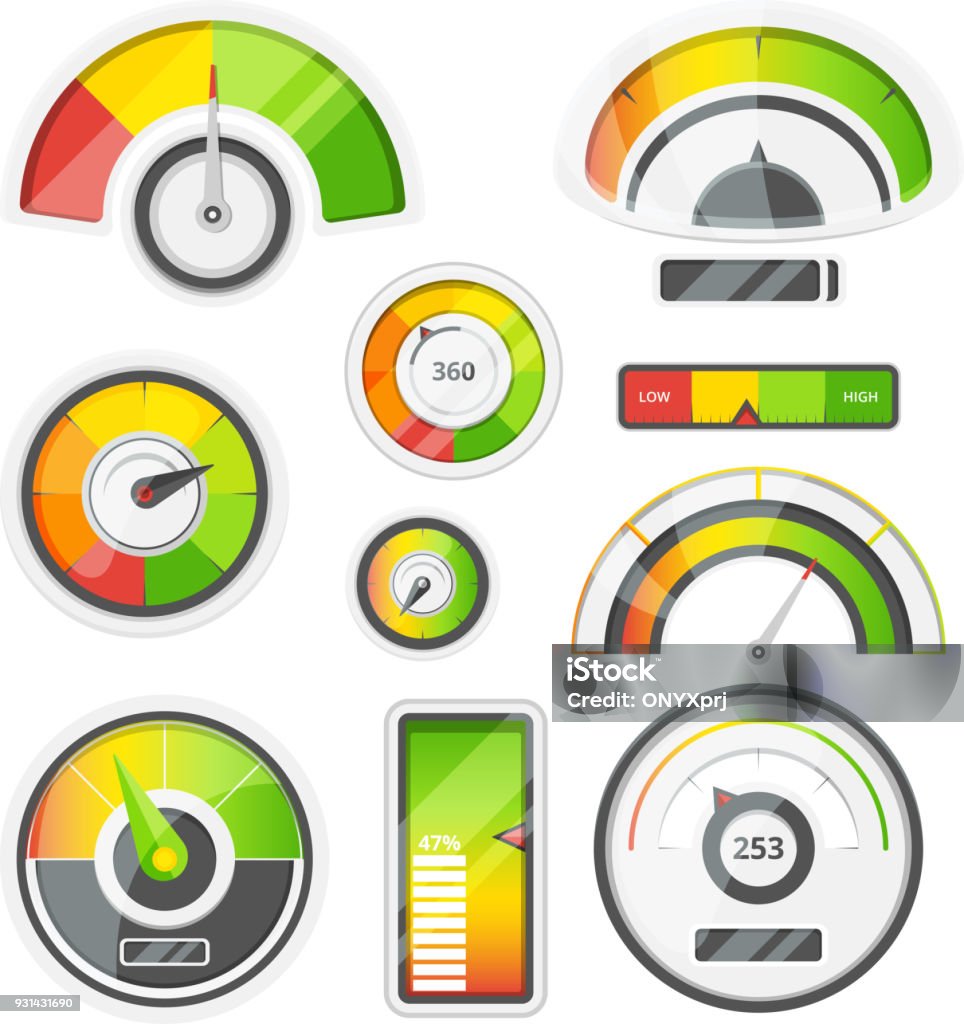 Icon set of level meters, tachometer and battery level. Vector pictures set Icon set of level meters, tachometer and battery level. Vector pictures set. Illustration of measurement level and power indicator Barometer stock vector