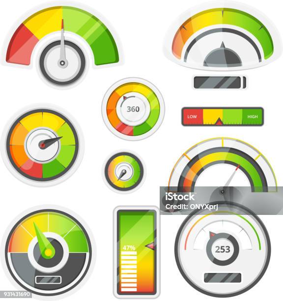 Icon Set Of Level Meters Tachometer And Battery Level Vector Pictures Set Stock Illustration - Download Image Now